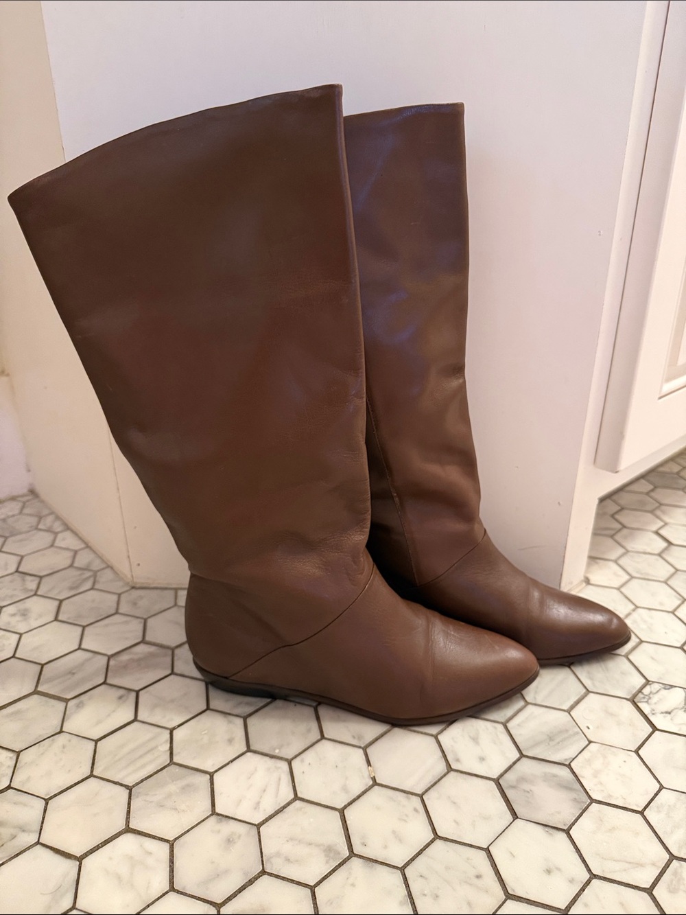 Vintage 80s LEATHER Made In Brazil Brown Knee-High Women's Flat Boots 7.5